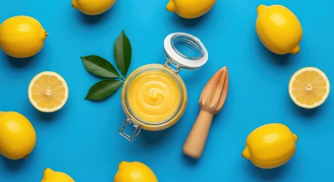 A glass jar of lemon curd with a wooden reamer and fresh lemons on a blue background