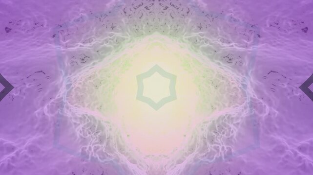 Radiant purple energy waves surround a glowing geometric center in a symmetrical kaleidoscope composition. Ethereal light textures and spiritual visuals create a mystical motion backdrop.