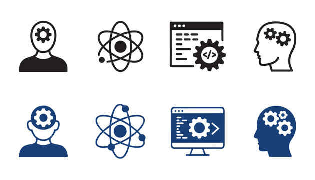 Abstract concept icons. Silhouette person head with gear, atomic structure, computer coding interface, mind gears. Intellectual property and technology.