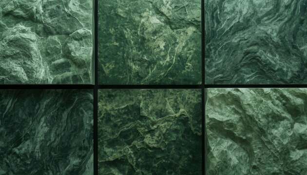 Textured Green Marble Slabs: A detailed, close-up view of six distinct green marble slabs, showcasing intricate natural patterns and rich textures that evoke depth and sophistication.