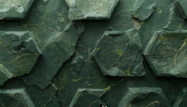 Hexagonal Stone Texture Background: A close-up view of a dark green stone wall with a repeating hexagonal pattern, highlighting the natural texture and geometric design.