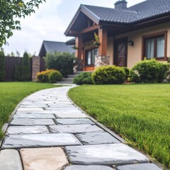 Fototapeta premium Stone path leads to country house with rich green lawn, Landscaping design natural stones, AI generated