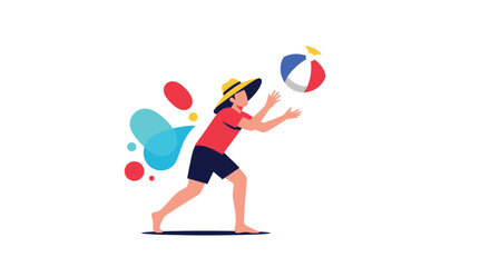 Fototapeta premium Person wearing a yellow sun hat and shorts jumps excitedly to catch a colorful beach ball against a white background.