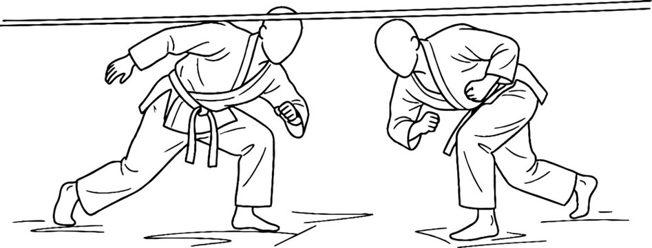 Two martial artists practicing judo throws in a dojo.