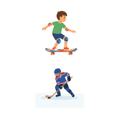 Fototapeta premium Young Athletes Participating in Outdoor Skateboarding and Professional Ice Hockey Sports Games