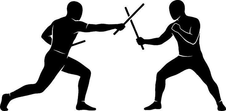 Two fencers dueling with crossed swords in action.