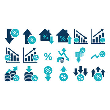 A collection of various financial icons and symbols are shown with arrows and percentages.