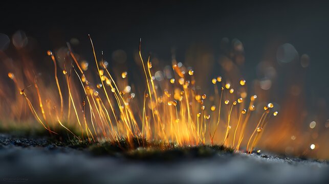 Macro photography of glowing moss sporophytes in a dark forest.