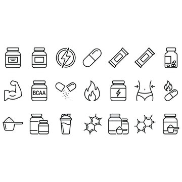 Fitness supplement BCAA protein powder capsule nutrition line icon editable vector illustration