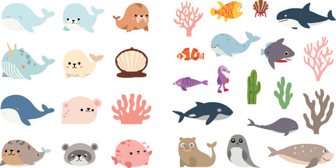 Cute Marine Sea Animal and Coral Reef Vector Asset Set with Kawaii Cartoon Whale Shark Orca Dolphin Seal Fish and Walrus Icons for Children Designs © rumi