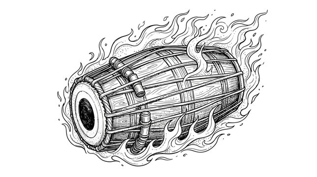 Fiery Dholak Drum Illustration - Traditional Indian Percussion Instrument on Fire