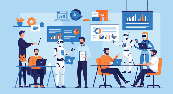 Modern office environment where human employees and intelligent robots work together using artificial intelligence and big data analysis.