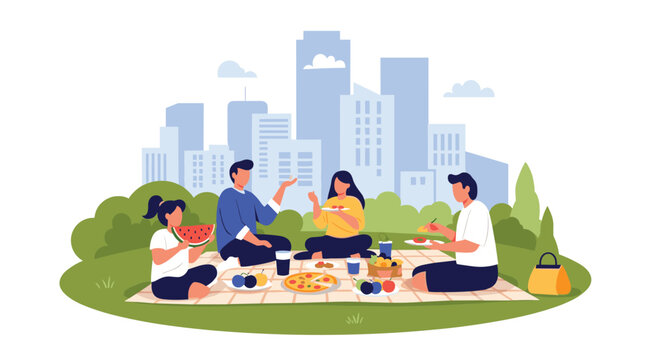 Group of friends having an enjoyable picnic with pizza and fruit on a blanket in a green park with the city skyline in the distance.