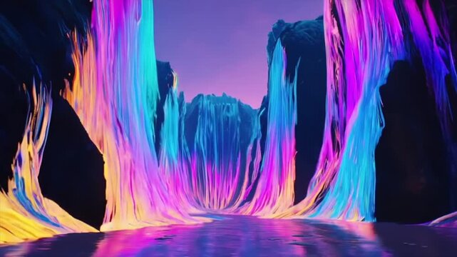Neon glowing canyon with flowing luminous streams in wide cinematic view, vibrant blue and pink light cascading along rocky walls and reflecting on wet surface, futuristic landscape concept