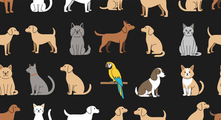 Fototapeta premium Seamless pattern featuring cute illustrations of various pets including different breeds of dogs, cats, and a colorful parrot.