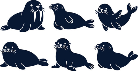 Cute Walrus and Seal Black Silhouette Icon Pack, Playful Marine Mammal Characters and Polar Ocean Wildlife Set for Kids Graphic Designs Vector Illustration © SUMON