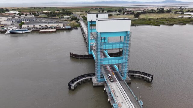 Aerial of the Blue Vertical-Lift Bridge Towers and Causeway, Mare Island 4K
