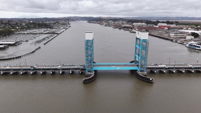 Aerial of the Raised Span of the Mare Island Vertical-Lift Bridge, Vallejo 4K