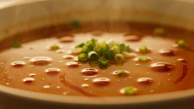Rich ramen broth extreme macro with shimmering surface, chili oil droplets forming glossy patterns and fresh scallions floating on top, warm Japanese cuisine close-up with deep flavor and texture