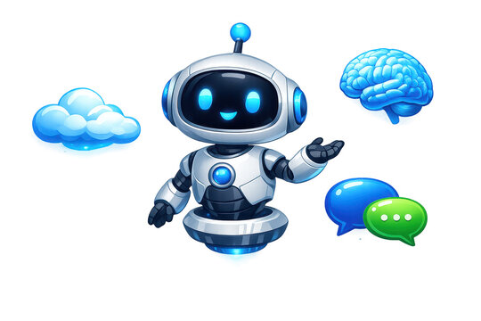 Friendly futuristic robot with speech bubbles and icons
