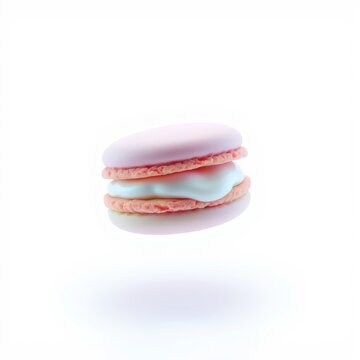 Pink macaron dessert floats against white background. Delicate layers, pastel colors, sweet treat. Simple studio shot.