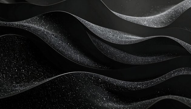 A black abstract background with wavy, sparkly silver lines