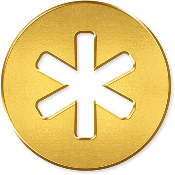 Asterisk icon with gold metallic 3D coin badge for asterisk star symbol wildcard footnote required notation character mark reference on transparent background