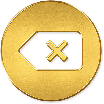 Backspace icon with gold metallic 3D coin badge for backspace delete erase remove clear keyboard key undo back type on transparent background