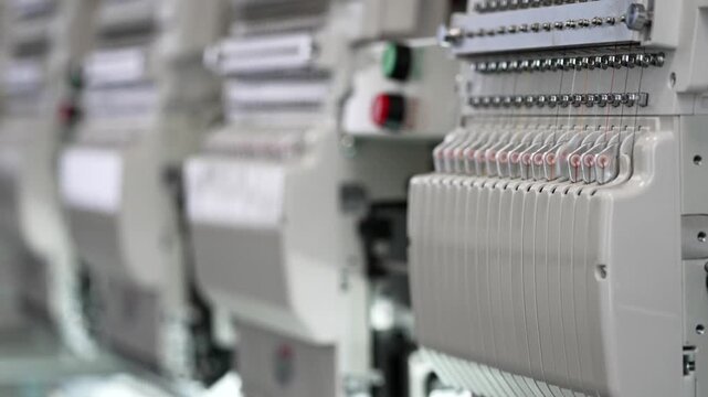 Industrial embroidery machine operating with multiple threads in textile manufacturing facility.