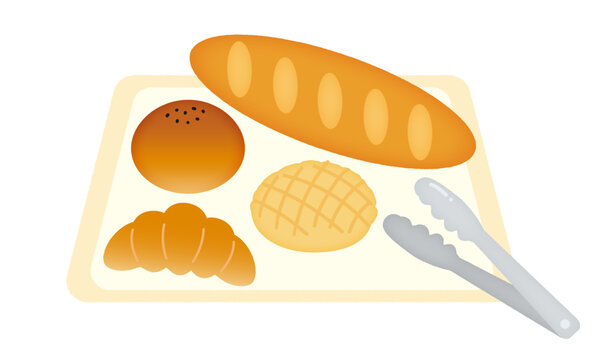 パンとトングのイラスト/クロワッサン・メロンパン・あんぱん・フランスパン/Illustration of bread and tongs
