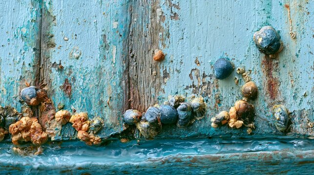 Weathered wooden boat hull with marine growth and barnacles underwater