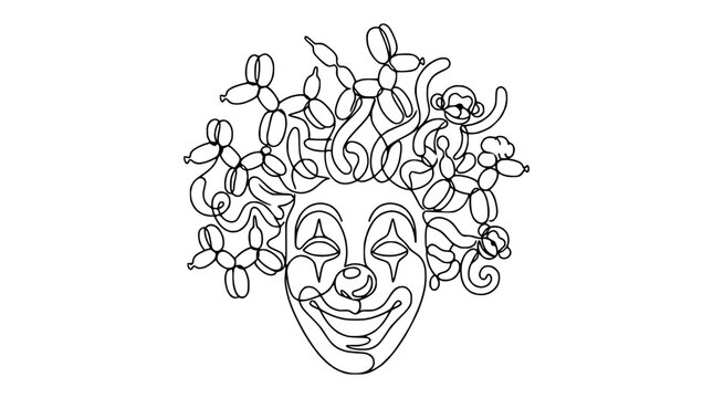 Whimsical Clown Face with Balloon Hair and Monkey - Continuous Line Art
