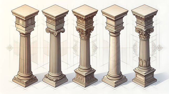 Five classical stone columns with ornate architectural details