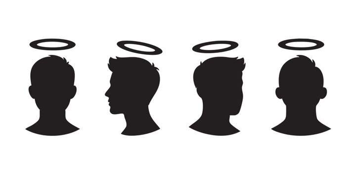 Black Silhouette Vector Set of Angel Halo Head and Profile Avatars
