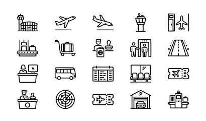 Airport and Aviation Outline Icons Set with Flight Travel and Terminal Symbols © Lipon
