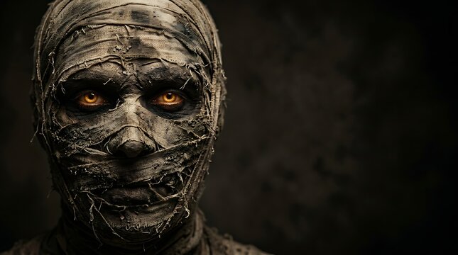 Close up portrait of an ancient mummy with glowing amber eyes