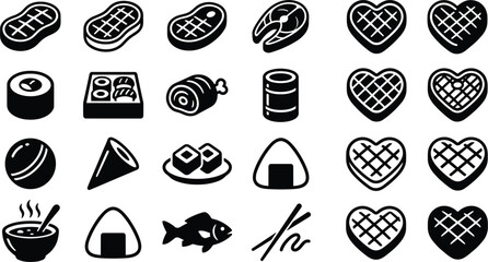 Japanese Sushi Cuisine and Grilled Meat Silhouette Icon Vector Set with Steak Salmon Onigiri Bento Box and Heart Shaped Grill Symbols for Food Menu Designs © SUMON