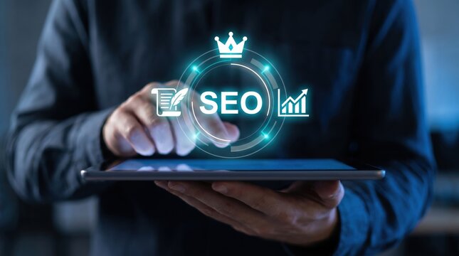 SEO Content Copywriting, Website Authority Ranking, and Data Traffic Growth Concept: Floating Cyan and White Holographic 'SEO' Text with Feather Pen, Crown, and Upward Analytics Chart above Blurred Ta