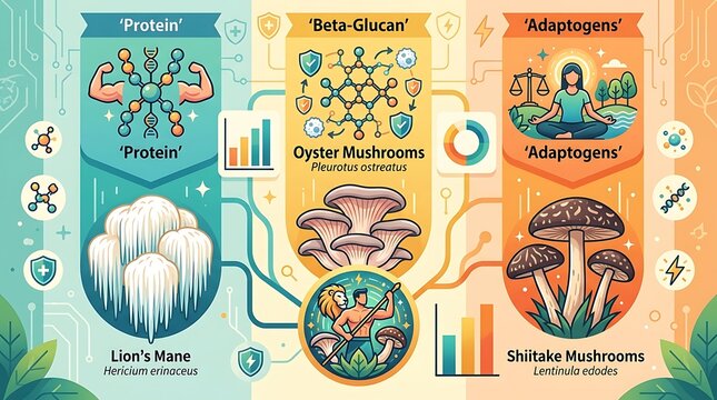 Infographic of medicinal mushrooms health benefits and nutrients