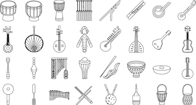 Assortment of line depicting various percussion and stringed musical instruments from different cultures