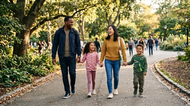 Happy diverse family walking together in a park on a sunny autumn day holding hands and smiling