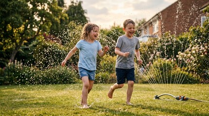 Joyful children running through garden sprinkler on sunny summer day splashing water and laughing