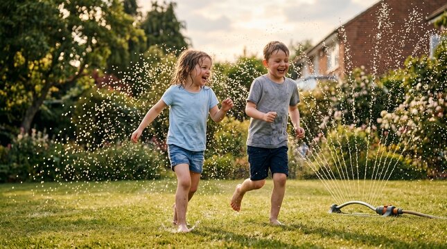 Joyful children running through garden sprinkler on sunny summer day splashing water and laughing