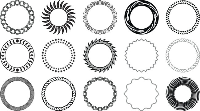 Geometric Circle Frame and Border Set with Black Silhouette Chains, Sunburst Rays, Moon Phases, Stars, Rope, and Spiral Textured Round Ornaments