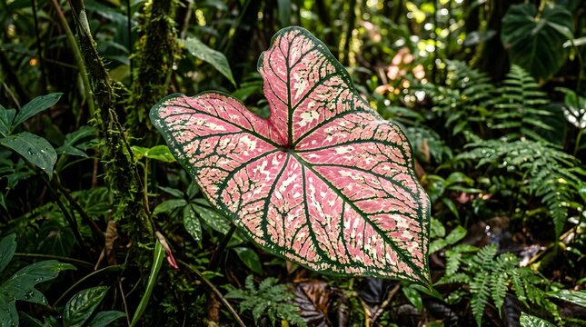 Vibrant Pink and Green Caladium Leaf in a Dense Jungle Rainforest