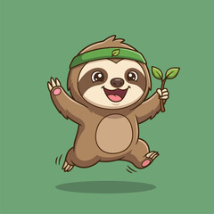 Fototapeta premium Cute Cartoon Sloth Running with Headband and Green Leaf Branch