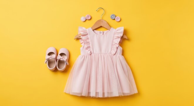 Cute baby girl pink dress with ruffles and matching shoes on yellow background