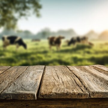 Rustic Wooden Table with Grazing Cows in Green Pasture Under Bright Sky