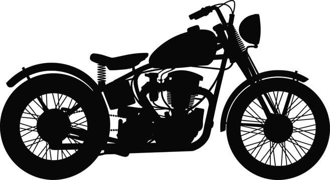 Classic vintage motorcycle silhouette with retro chopper style and detailed wheels isolated on white background for transport logo, custom bike branding and motorbike design