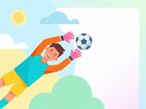 Soccer goalkeeper jumping to catch a ball in a sunny park